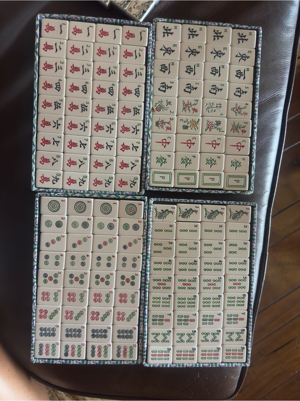 Vintage American Mahjong Set in Ivory with Red and Green Accents.